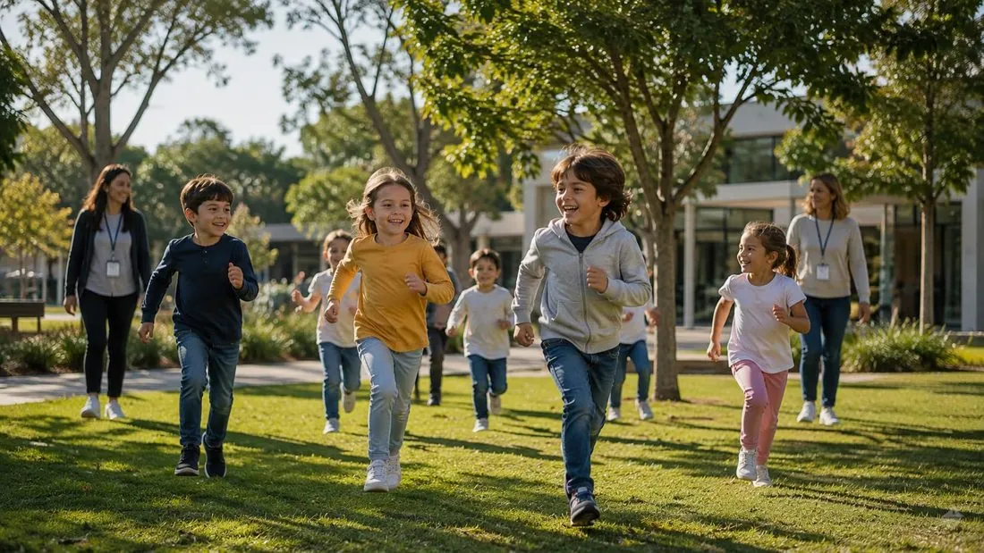 Grupo de crianças a correr e a brincar ao ar livre num espaço verde, acompanhadas por educadoras