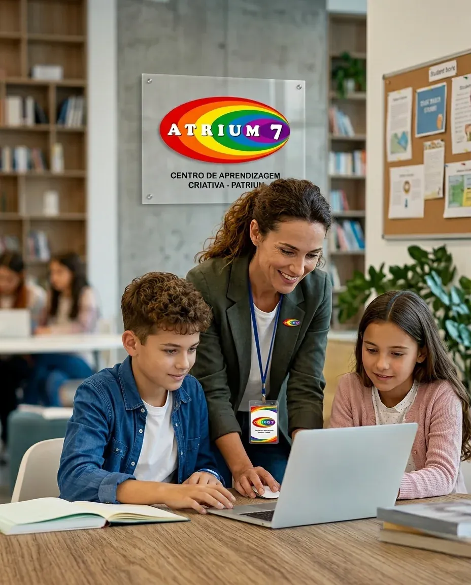 Profissional do Atrium7 a acompanhar duas crianças numa atividade de aprendizagem