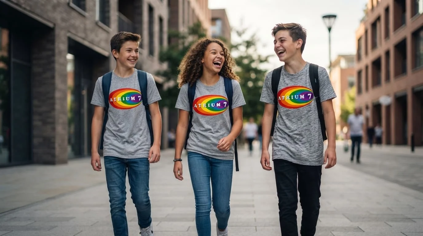 Alunos Atrium7 a caminho de uma atividade, com acompanhamento